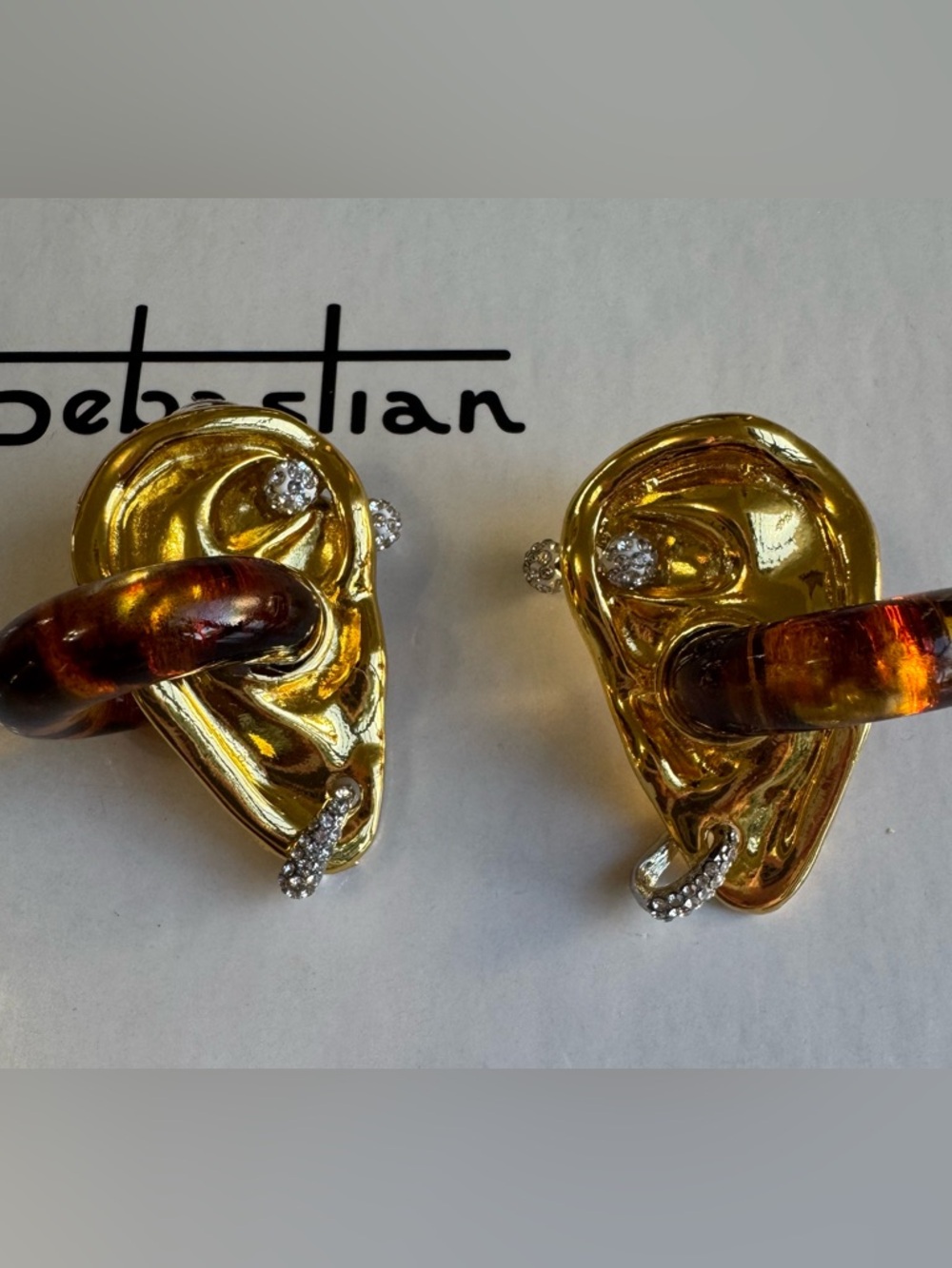 Gold Schiaparelli Inspired Pierced Ear Earrings w/ Tortoise Shell Ear Cuffs NEW!